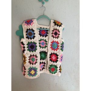 Vintage Handmade Granny Square Crochet Vest Open Front 1970s Hippy Boho Cream